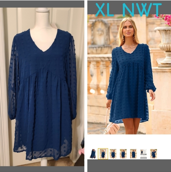Fall Long Sleeve Mini Dress V Neck Flowy Casual Swiss Dot Loose Babydoll Blue - Picture 3 of 3